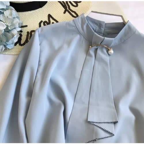 Brooch Long Sleeve Blouse- Blue