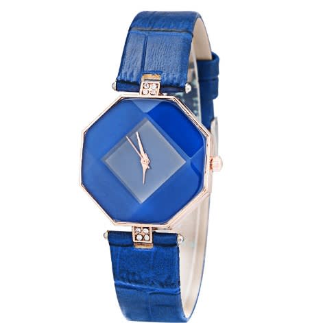 Geometry Crystal Leather Quartz Wristwatch - Blue