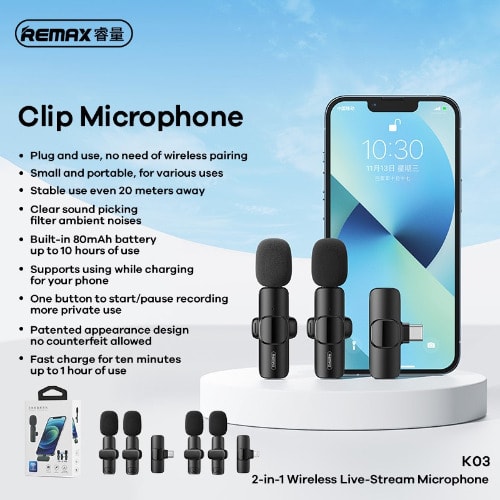 K03 Wireless Microphone 2-in-1 For Video, Vlog Recording, Live Stream 4 Type C Smartphones