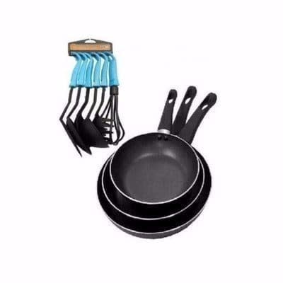Non Stick 3 Piece Frying Pan + 6 Piece Kitchen Cooking Tool Set