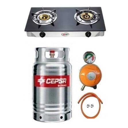 12.5kg Stainless Gas Cylinder + Glass Top Double Burner, Metered Regulator, Hose & Clips