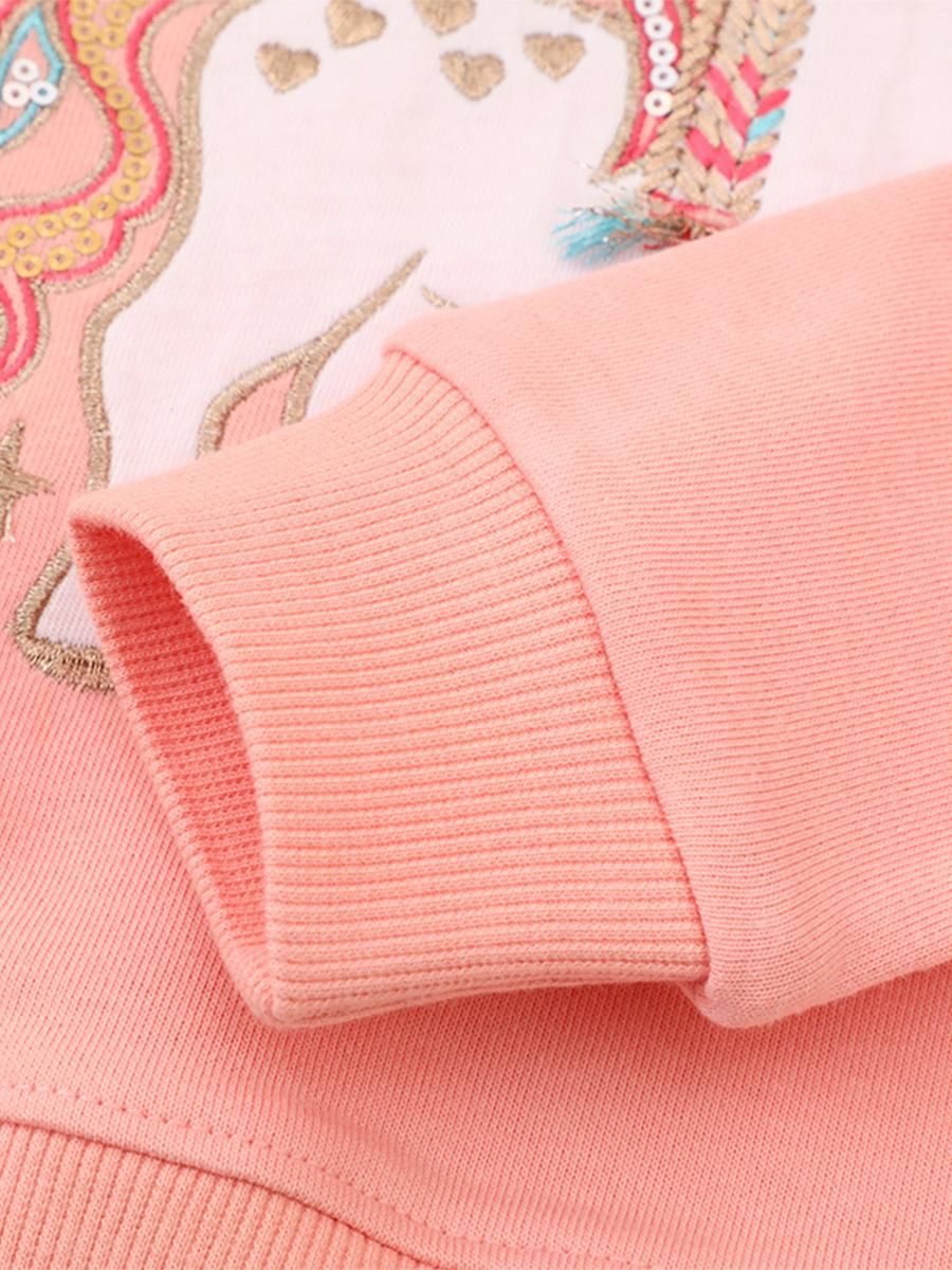 Girls Sweatshirt Cartoon Embroidery Long Sleeve Sweatshirt Pink