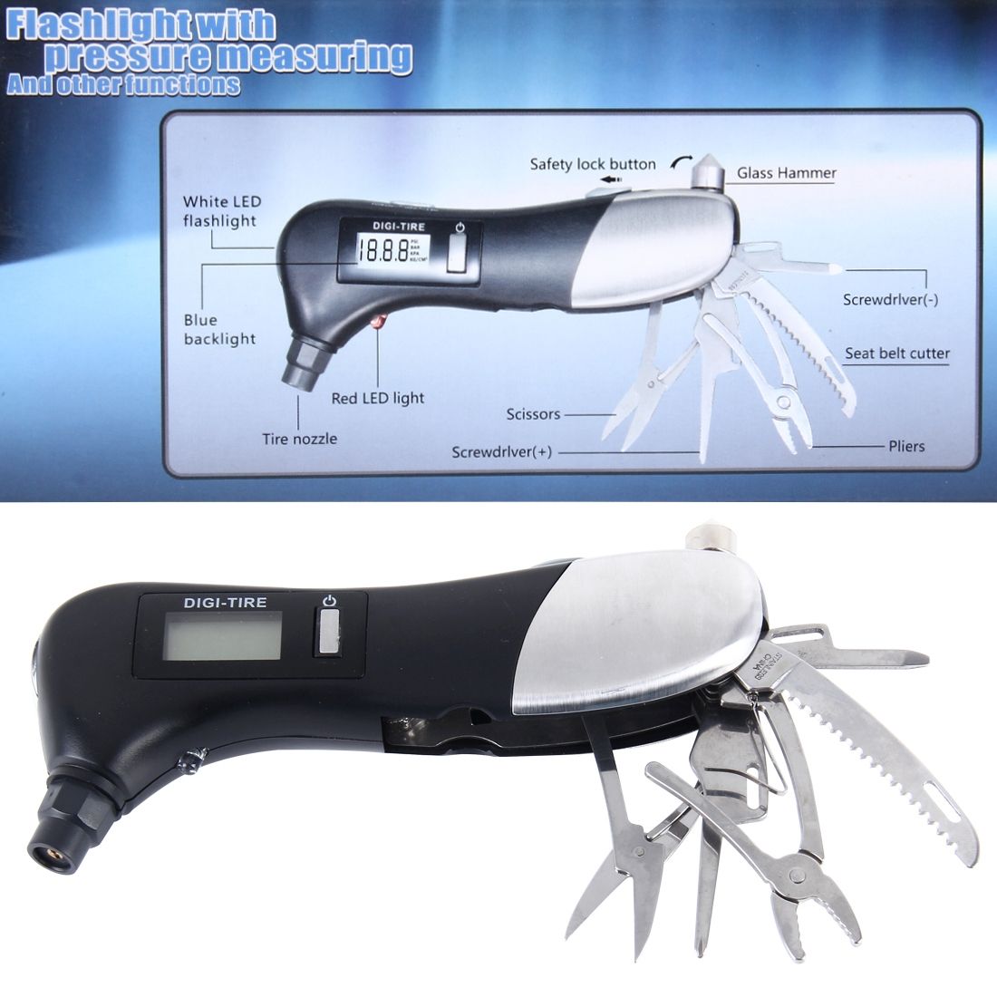 9 In 1 Tire Pressure Gauge Multi-function Safety Hammer