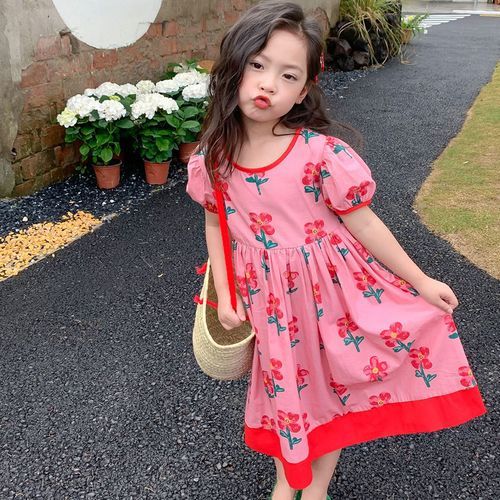 Sweet Elegant Style Round Neck Color Contrast Flowers Loose Female Girls' Clothing