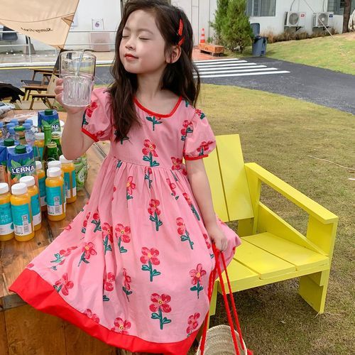 Sweet Elegant Style Round Neck Color Contrast Flowers Loose Female Girls' Clothing