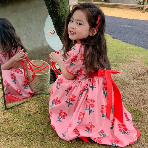 Sweet Elegant Style Round Neck Color Contrast Flowers Loose Female Girls' Clothing