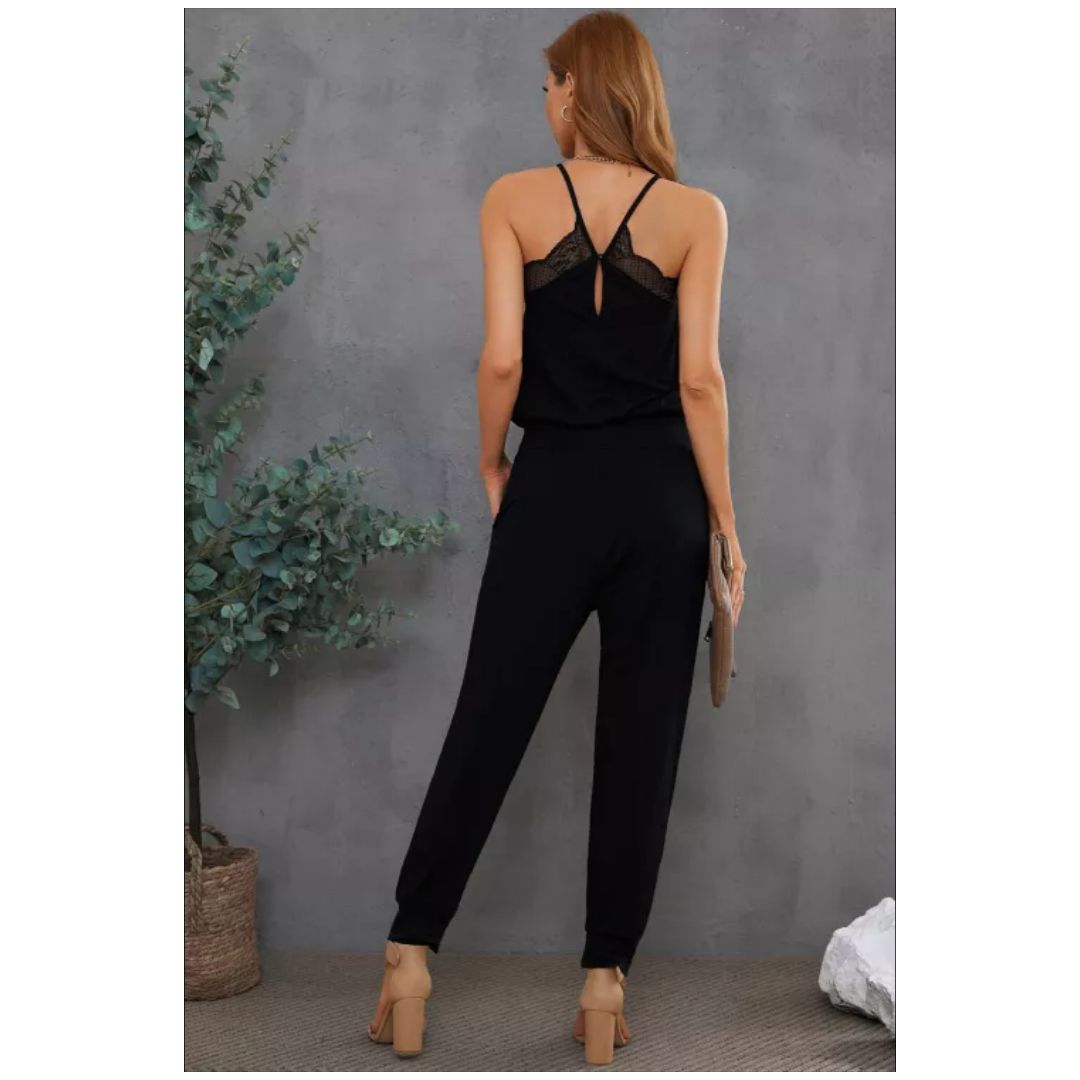 R Black Lace Patchwork Spaghetti Strap Slim Fit Jumpsuit