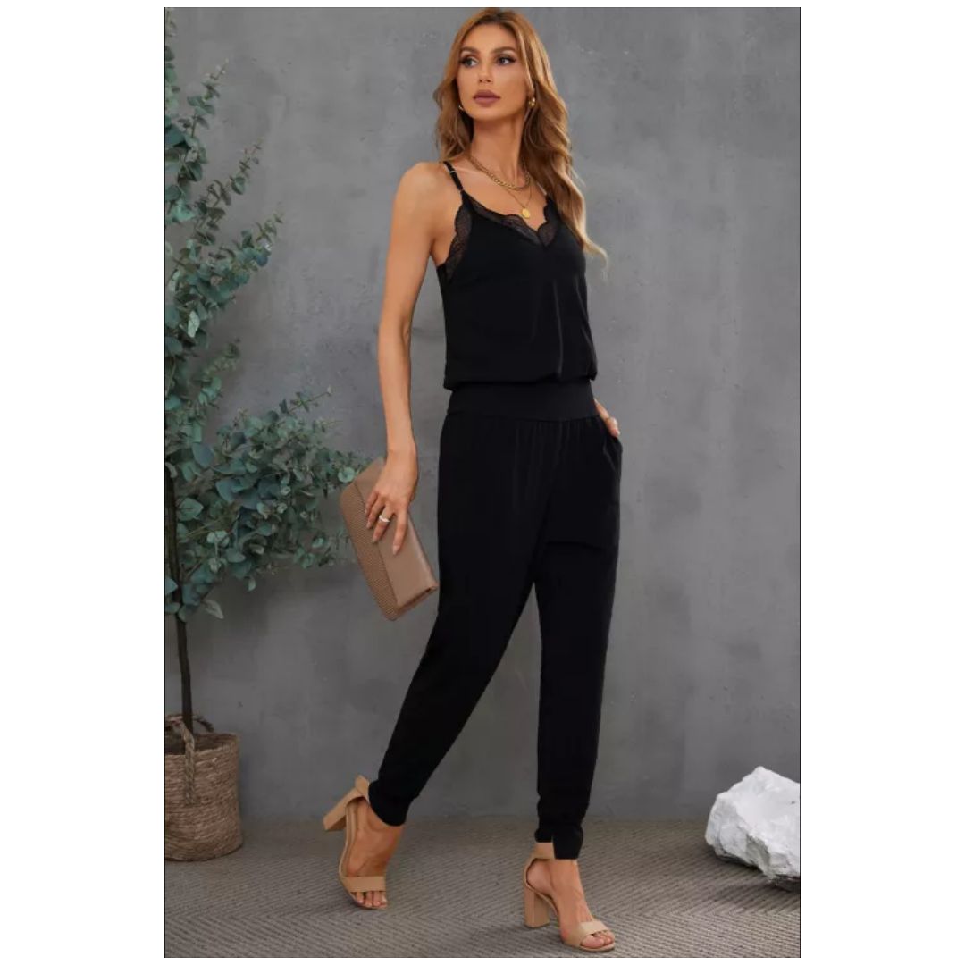R Black Lace Patchwork Spaghetti Strap Slim Fit Jumpsuit