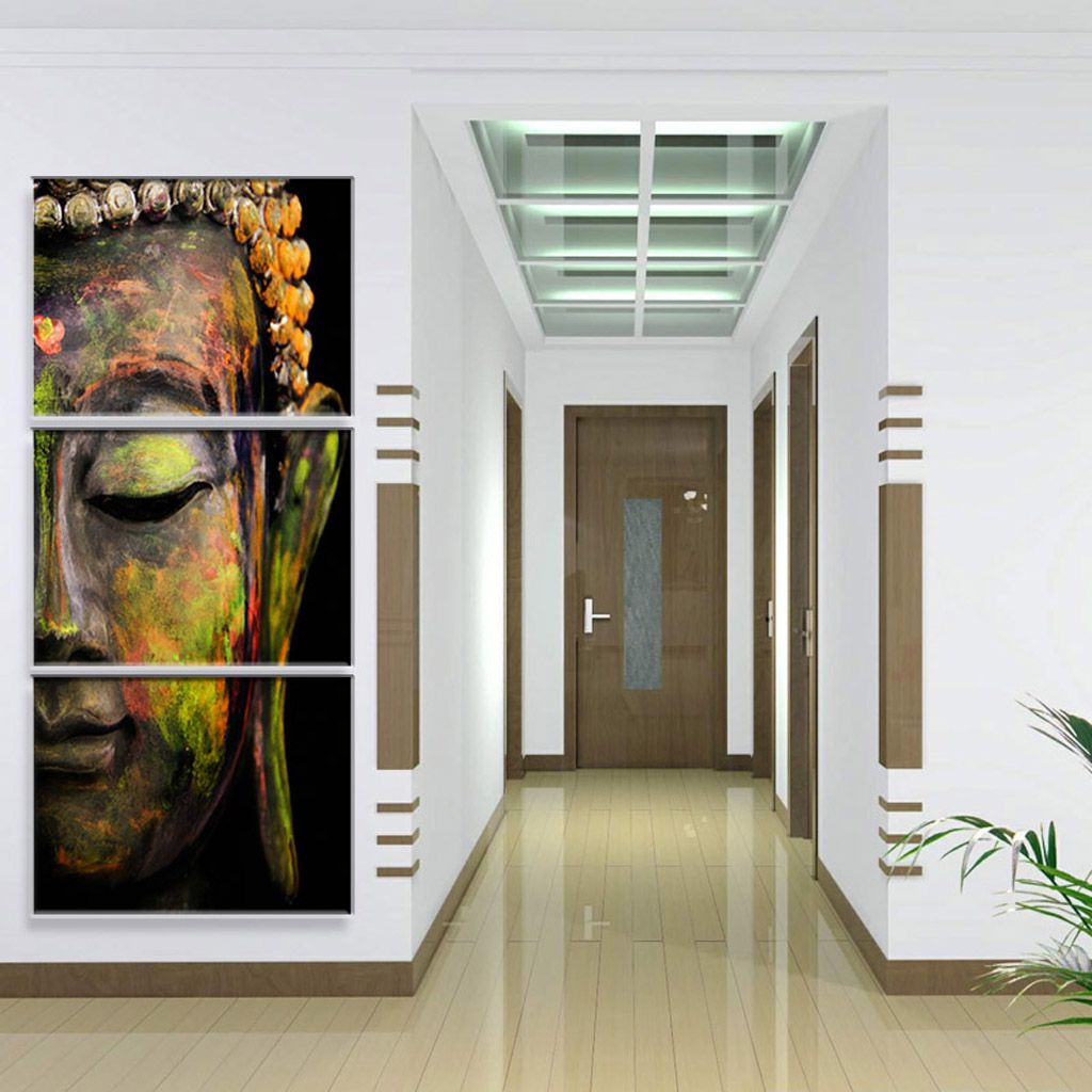 3 Panels Modern Buddha Head Painting Printed On Decor