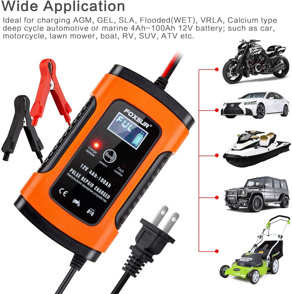 12V Motorcycle & Car Automatic Intelligent Battery Charger, EFB AGM GELs Pulse Repair Battery Charger With LCD Display
