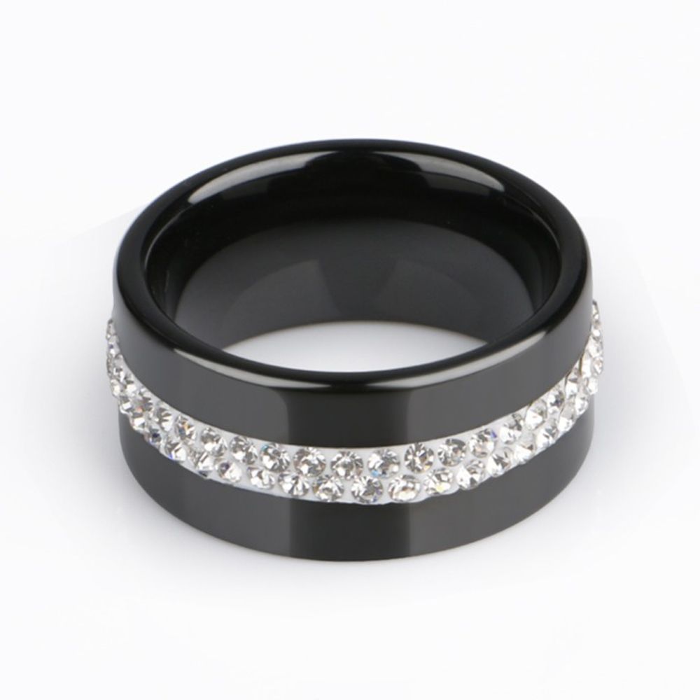 Women Two Row Crystal Jewelry Ceramic Rings, Ring Size:9(Black)