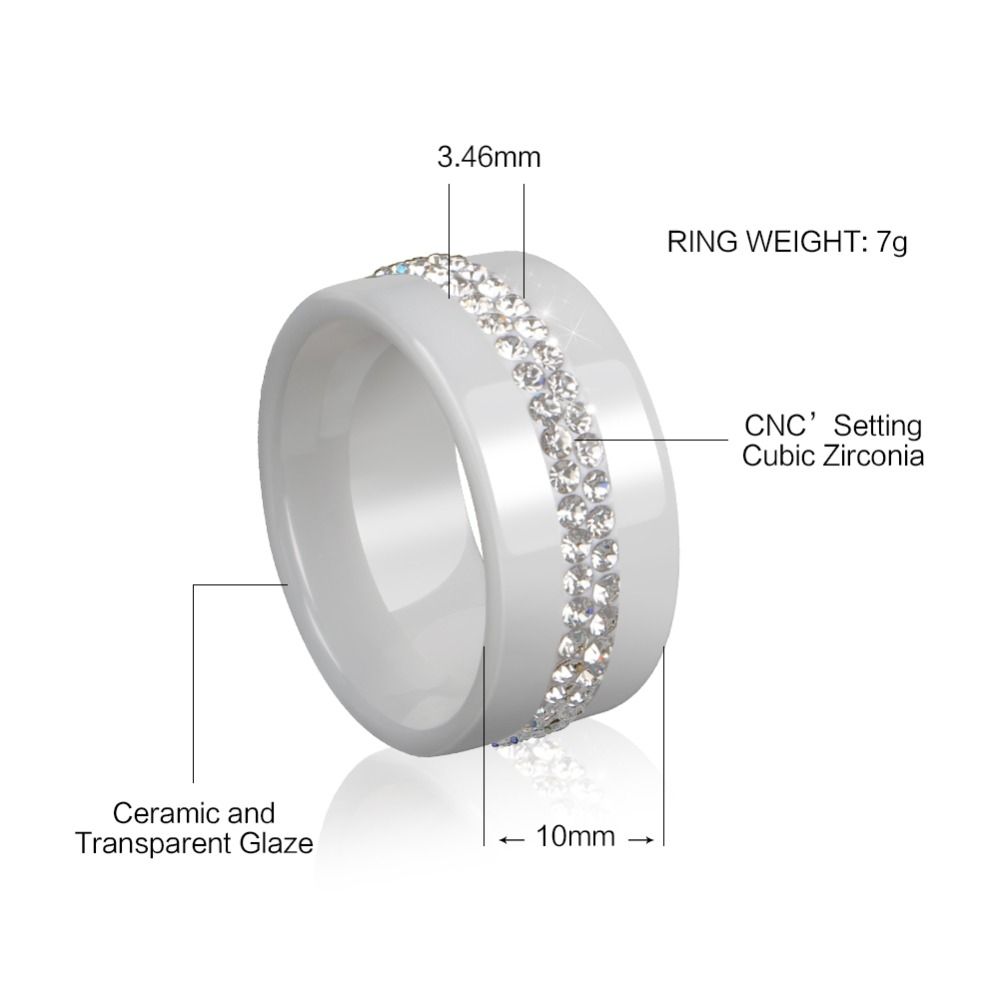 Women Two Row Crystal Jewelry Ceramic Rings, Ring Size:9(Black)