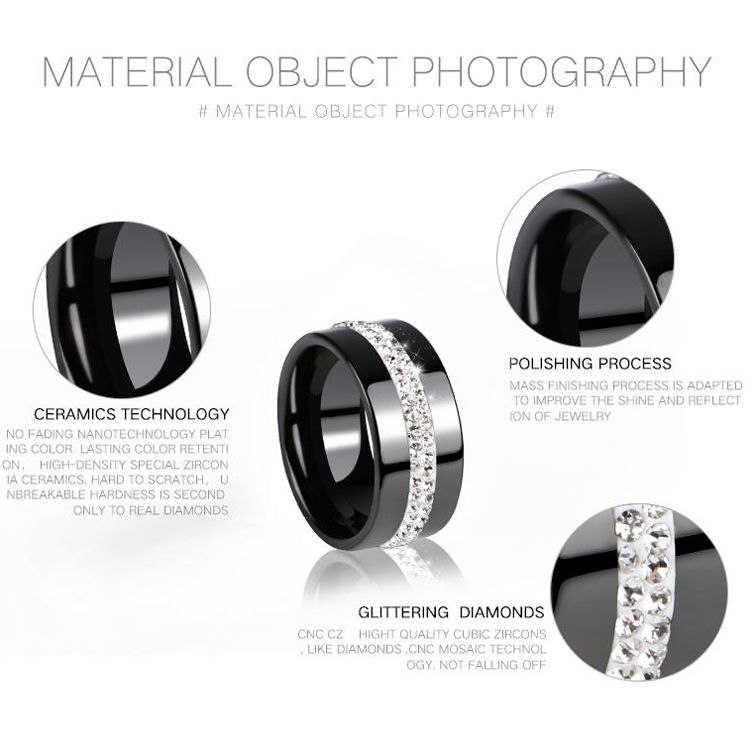 Women Two Row Crystal Jewelry Ceramic Rings, Ring Size:9(Black)