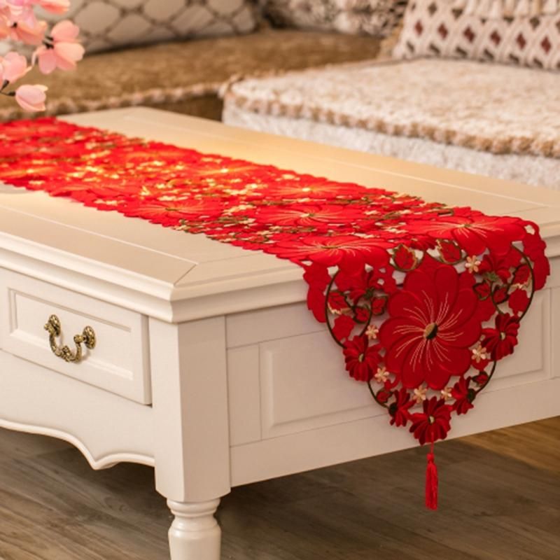 Red Table Runner, Floral Handmade Embroidered Table Runner Luxury Table Runners for Event Wedding Party Decoration