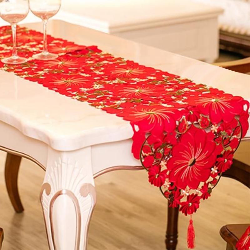Red Table Runner, Floral Handmade Embroidered Table Runner Luxury Table Runners for Event Wedding Party Decoration