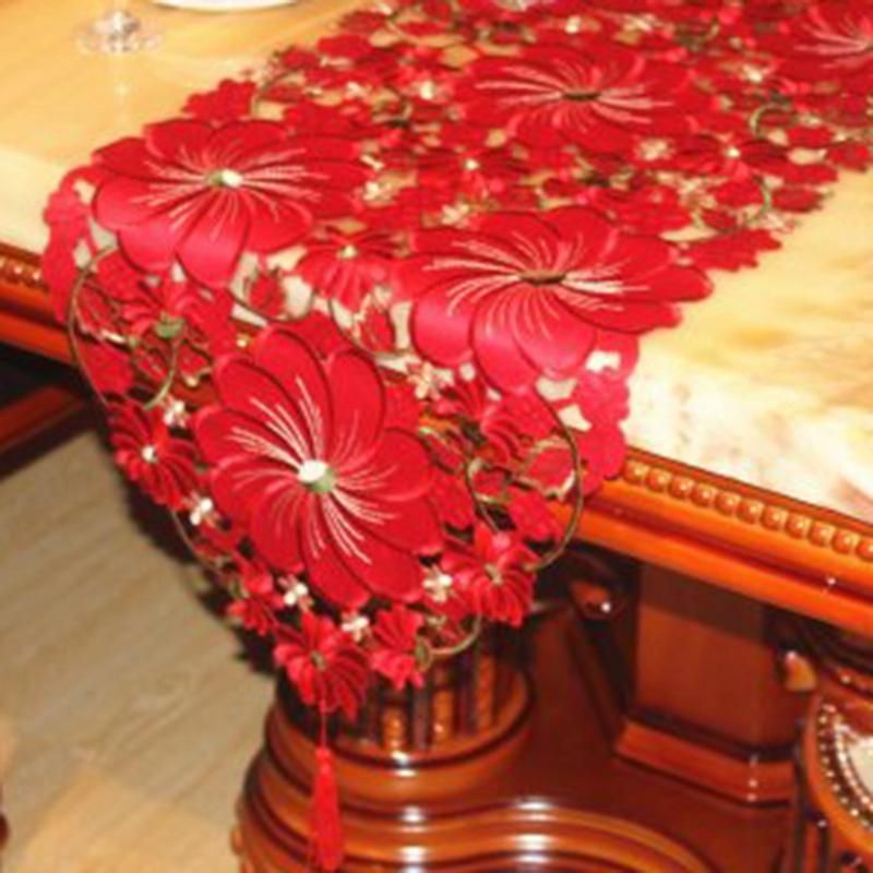 Red Table Runner, Floral Handmade Embroidered Table Runner Luxury Table Runners for Event Wedding Party Decoration