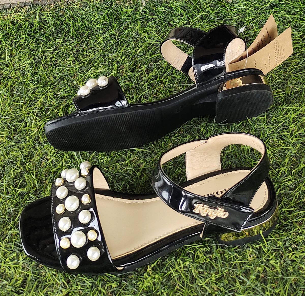 Girl' Pearl Flat Heel Sandals - Black