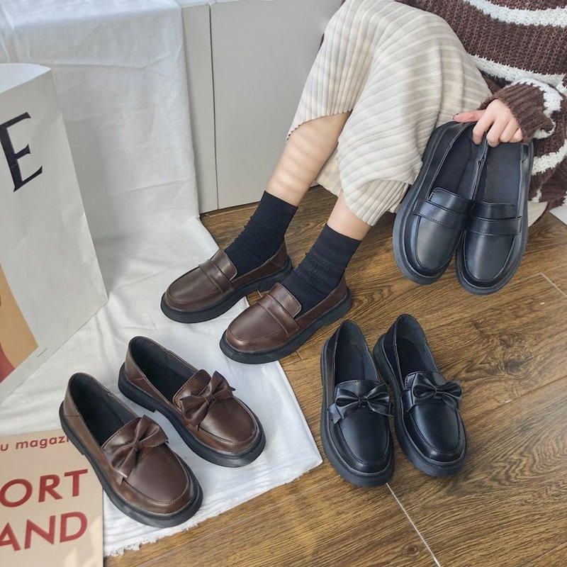 Zapatos de tacon bajo para mujer, mocasines con lazo de cuero lliso, sin cordones, puntiagudos, tacones gruesos, Oxfords, Primavera