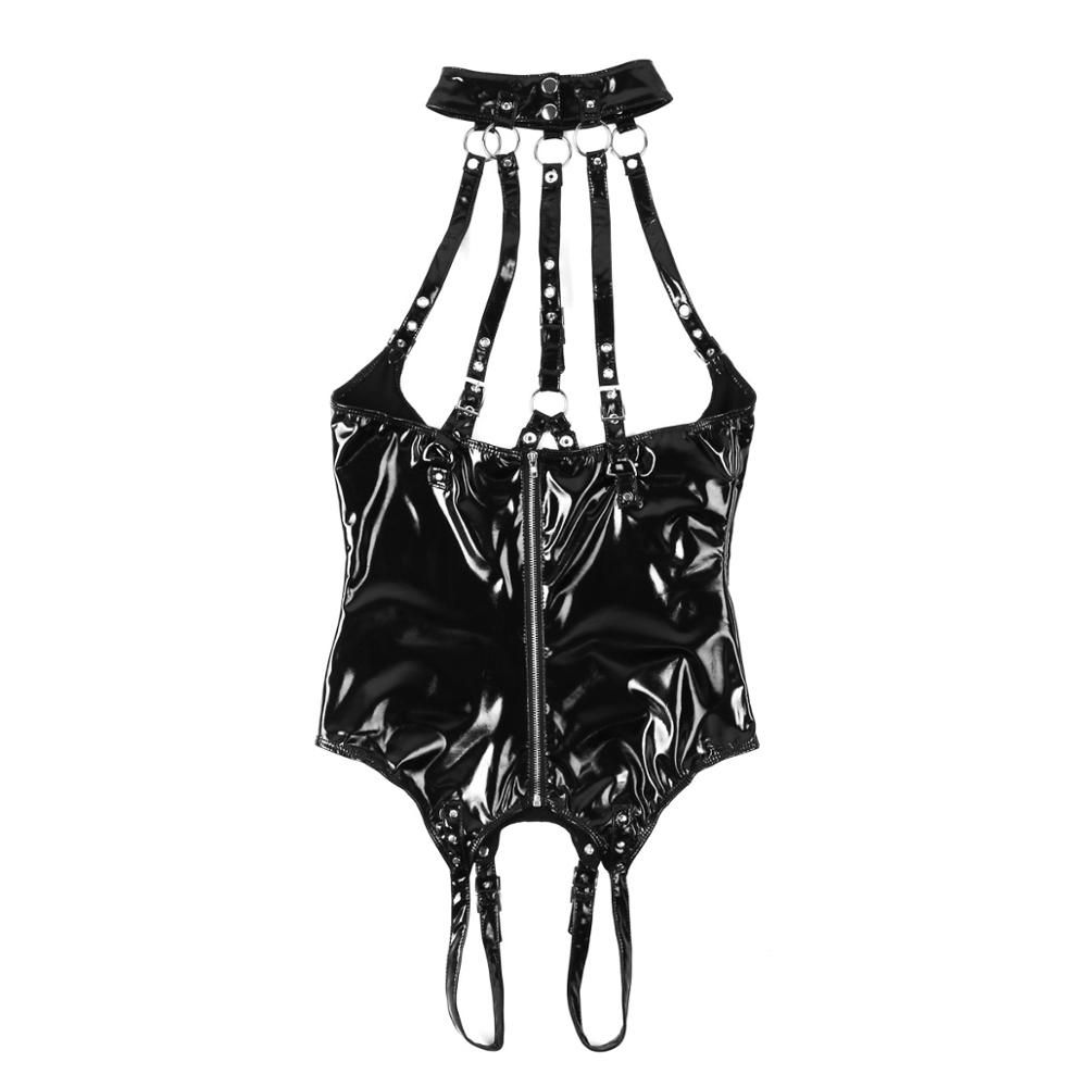 Womens Lingerie Bodysuit Wet Look Patent Leather Halter Neck Bare Breast Crotchless Adjustable Buckle Leotard Bodysuit Nightwear Black BA