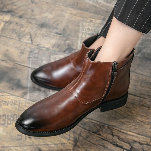 Elegant Chelsea Boots Men Shoes Big Size 38-48 Superior Quality Full Grain Cow Leather Boots Gentleman High Top Buckle Zipper Slip-on Male Shoes Brown