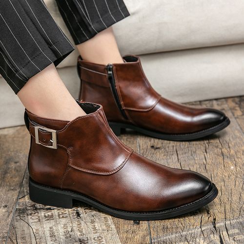 Elegant Chelsea Boots Men Shoes Big Size 38-48 Superior Quality Full Grain Cow Leather Boots Gentleman High Top Buckle Zipper Slip-on Male Shoes Brown
