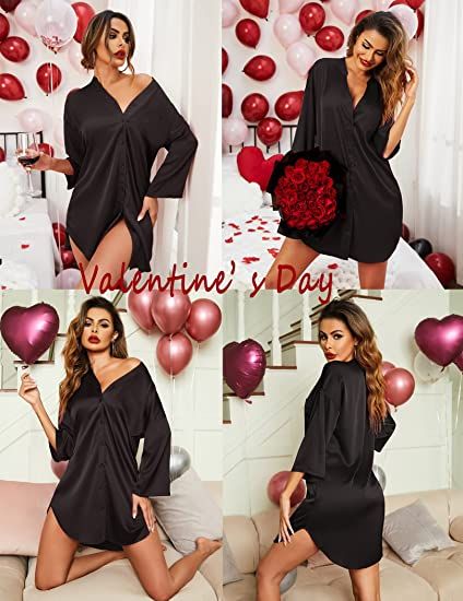 Women's Satin Button Down Casual Gown 3/4 Sleeve Shirt V Neck Boyfriend Collar Silk Wear Black