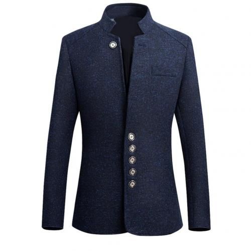 Men Solid Color Long Sleeve Stand Collar Single-breasted Plus Size-Navy Blue