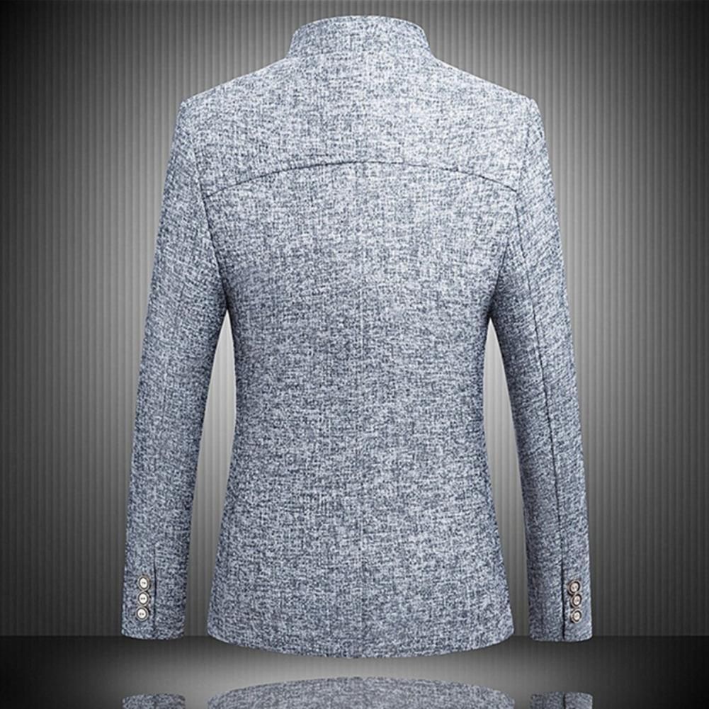 Men Solid Color Long Sleeve Stand Collar Single-breasted Plus Size-Navy Blue