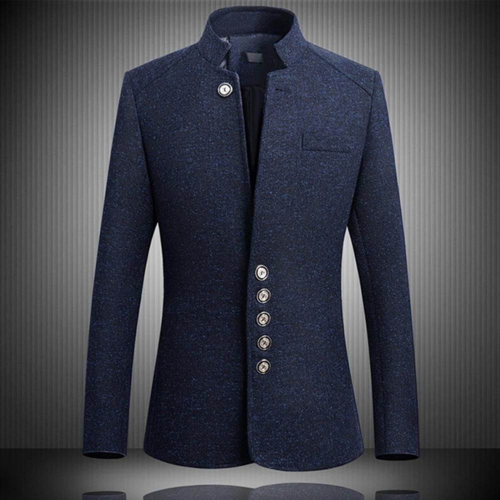 Men Solid Color Long Sleeve Stand Collar Single-breasted Plus Size-Navy Blue