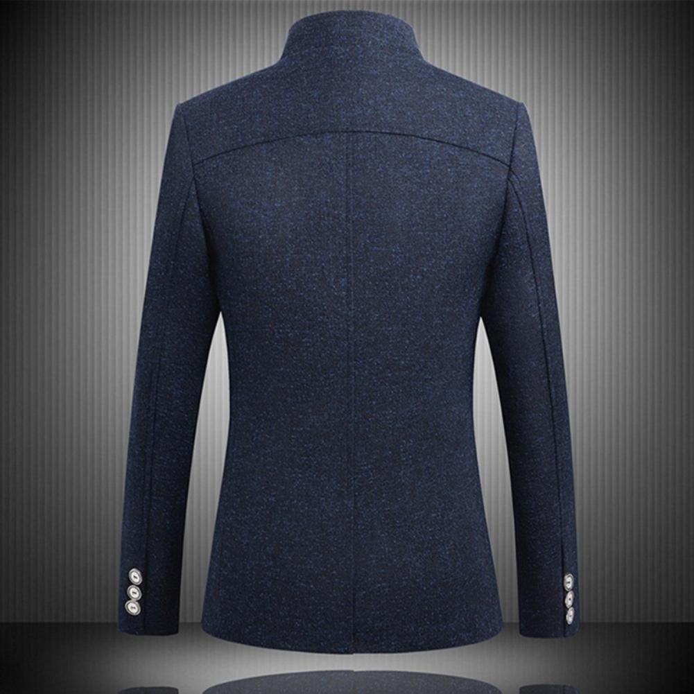 Men Solid Color Long Sleeve Stand Collar Single-breasted Plus Size-Navy Blue