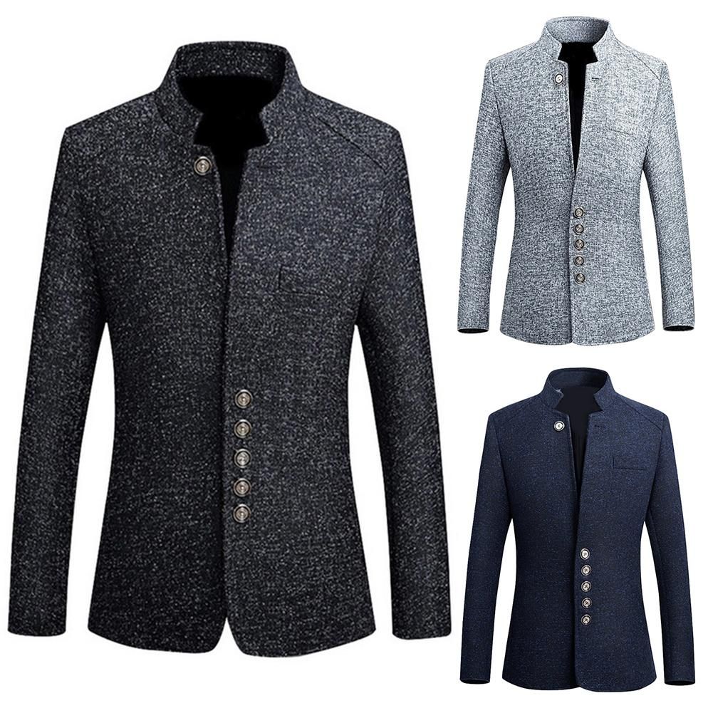 Men Solid Color Long Sleeve Stand Collar Single-breasted Plus Size-Navy Blue