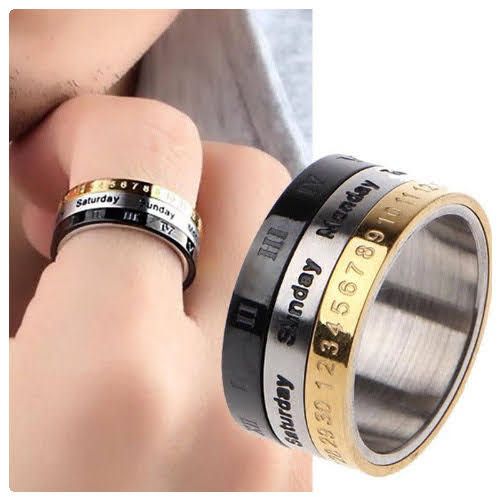 Men Women Titanium Steel Rotable Spinner Date Day Roman Numeral Months Ring