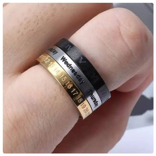 Men Women Titanium Steel Rotable Spinner Date Day Roman Numeral Months Ring