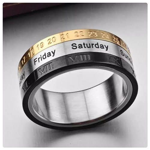 Men Women Titanium Steel Rotable Spinner Date Day Roman Numeral Months Ring