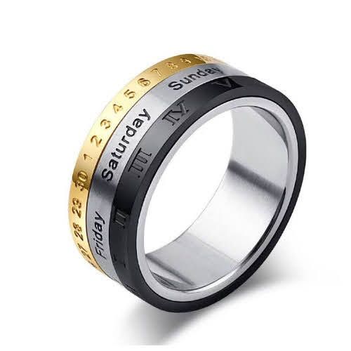 Men Women Titanium Steel Rotable Spinner Date Day Roman Numeral Months Ring