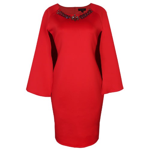 Cape Sleeve Embellished Neck Dress - Red