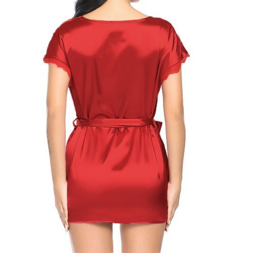 Short Sleeve Robe Women Satin Pajama Sexy Night Dress With Belt Nighties Nightgown Sleepwear Nightwear Nightshirt Bathrobe（#Navy）