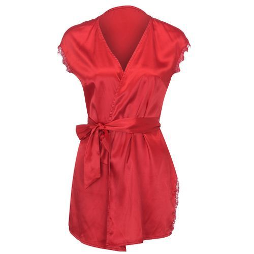 Short Sleeve Robe Women Satin Pajama Sexy Night Dress With Belt Nighties Nightgown Sleepwear Nightwear Nightshirt Bathrobe（#Navy）