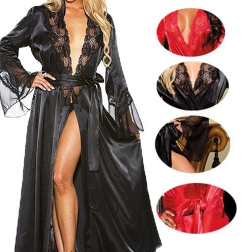 Women Ladies Long Silk Kimono Dressing Gown Bath Robe Nightgowns Sleepshirts Nightdress Cotton Black White Red（#White）