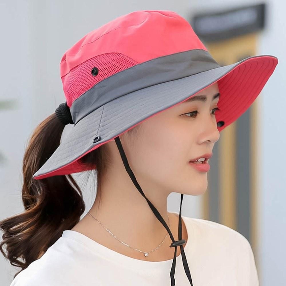 Fishing Hat for Women Men Mesh Outdoor Summer UV Protective Hat Wide Brim Foldable Cap with Ponytail Hole