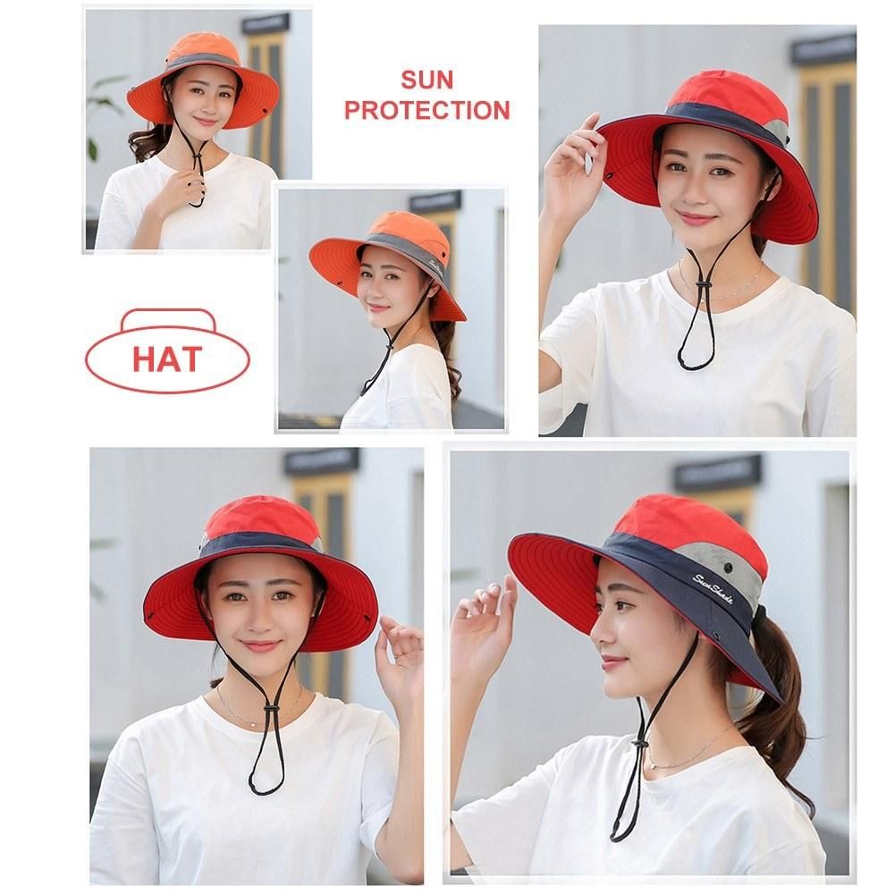 Fishing Hat for Women Men Mesh Outdoor Summer UV Protective Hat Wide Brim Foldable Cap with Ponytail Hole
