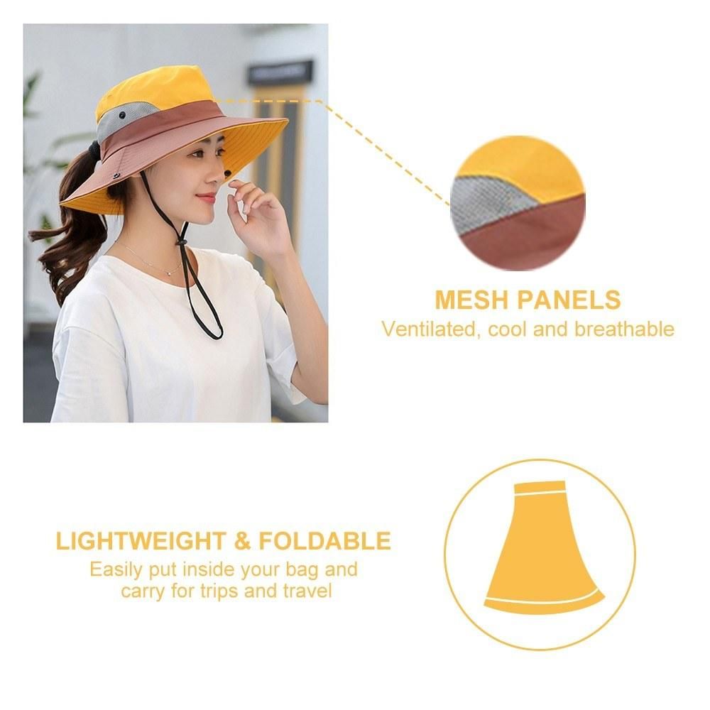 Fishing Hat for Women Men Mesh Outdoor Summer UV Protective Hat Wide Brim Foldable Cap with Ponytail Hole