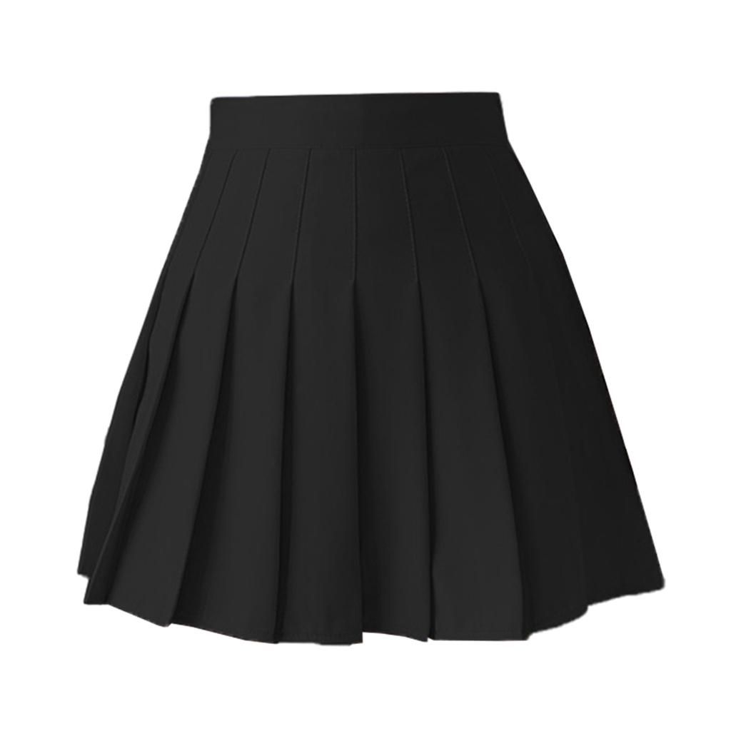 Womens Girls High Waist Pleated Skirt Skater Tennis School Black L
