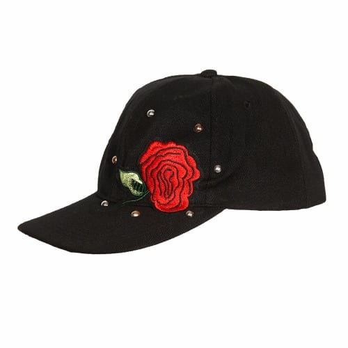 Embroidered Studded Floral Face Cap - Black