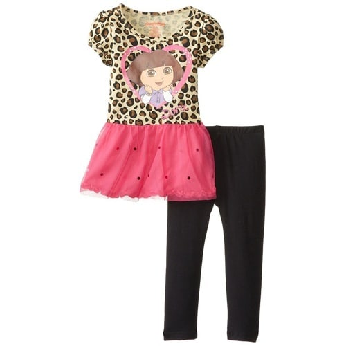 Nickelodeon Little Girls' Dora 2 Piece Print Short Sleeve Legging Set - Brown