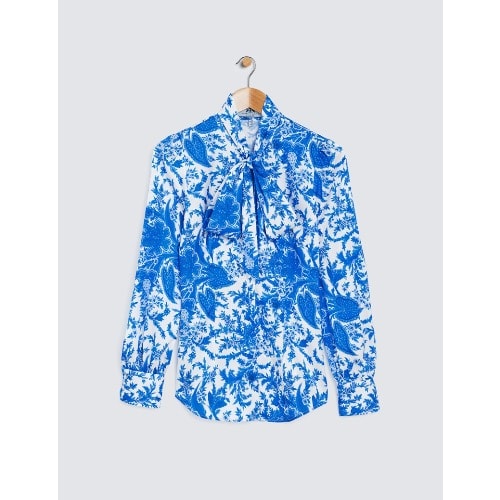 Women's Paisley Print Bow Blouse - White & Blue