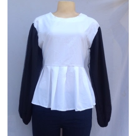 White Women's Blouse With Black Sleeves - Size 12