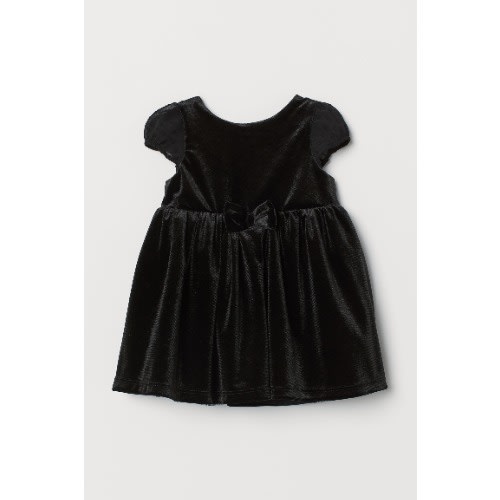 Puff-sleeved Velour  Black Dress