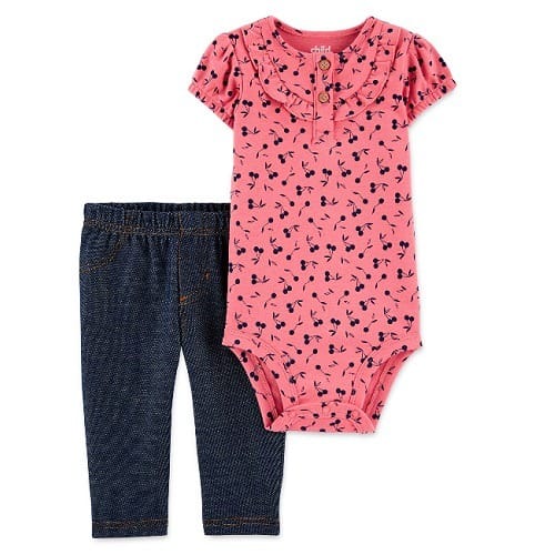 Child Of Mine Baby Girls Bodysuit  & Faux Denim Pant Set - Cherry