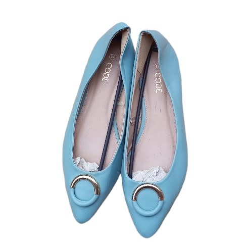 Ladies Pointed Toe Flat Shoe With Golden Circular Design - Blue